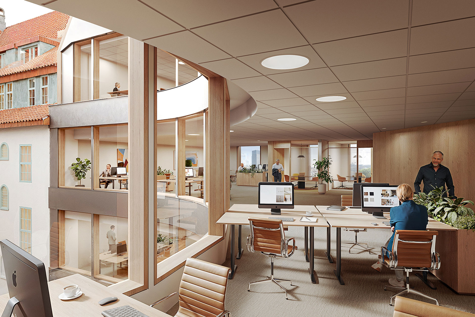 Illustrasjon av interiør i kontordelen av nybygget.