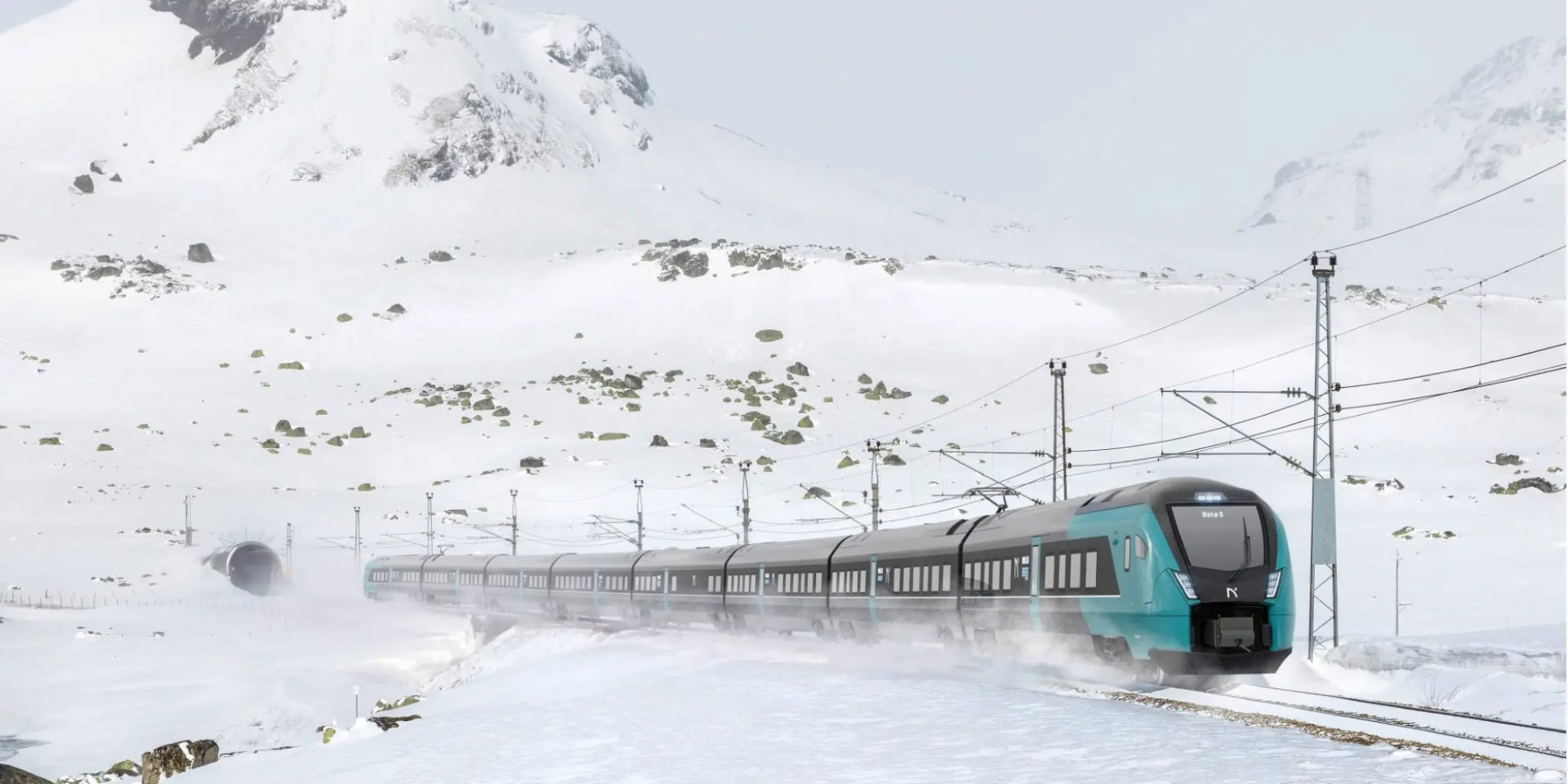 Illustrasjon av et nytt togsett i vinterlandskap