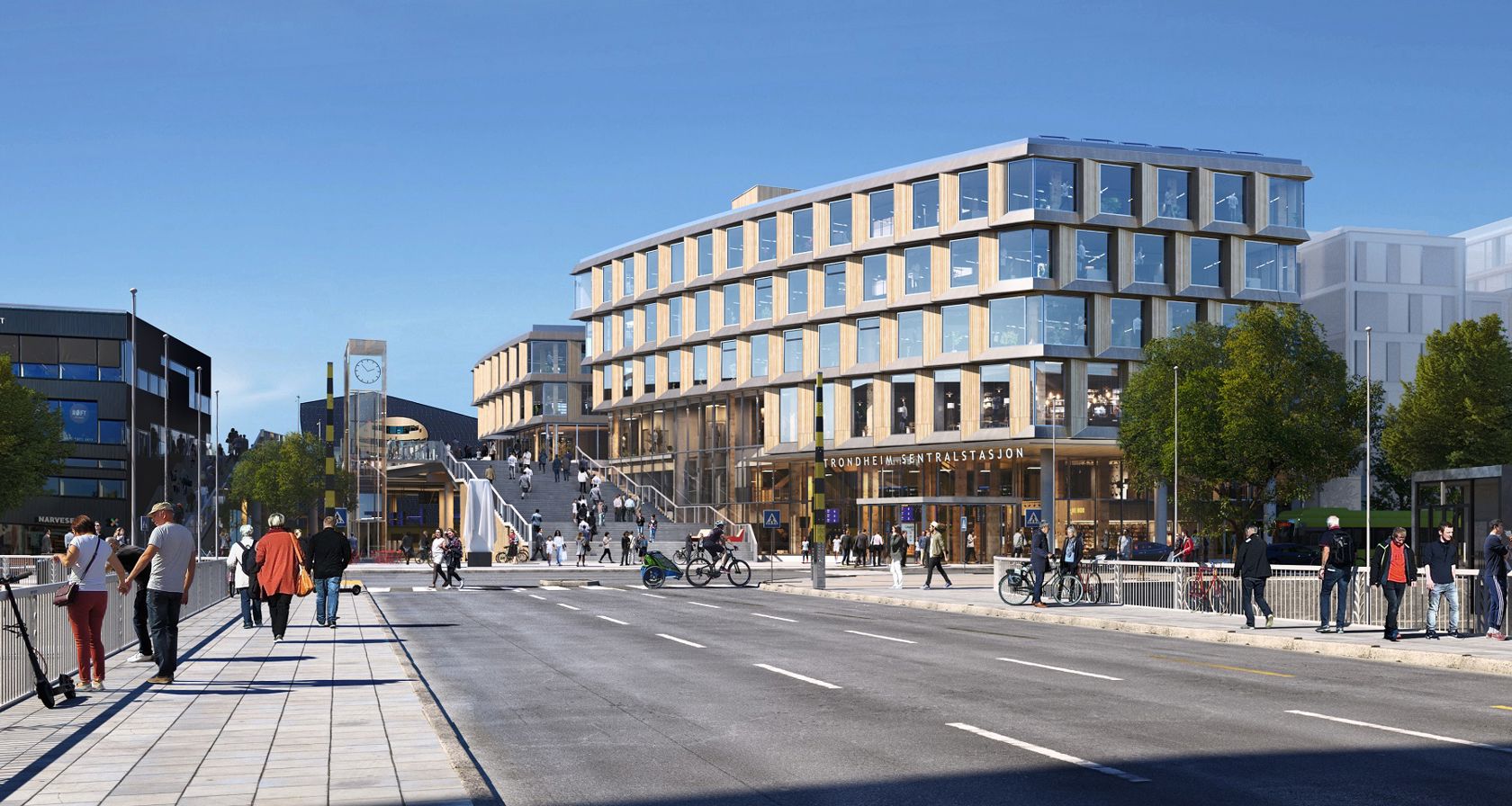 Illustrasjon av nye Trondheim Stasjonssenter fra gateplan