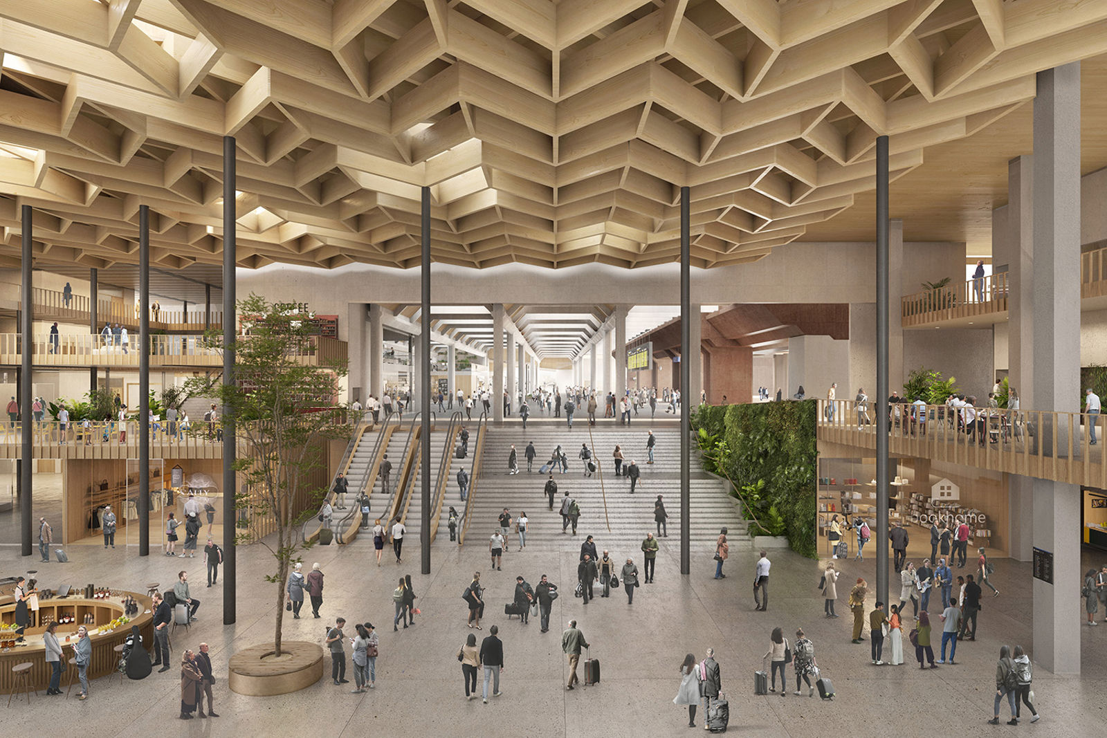 Stort åpent areal, trapper og rulletrapper opp til sentralhallen, butikker på begge sider.