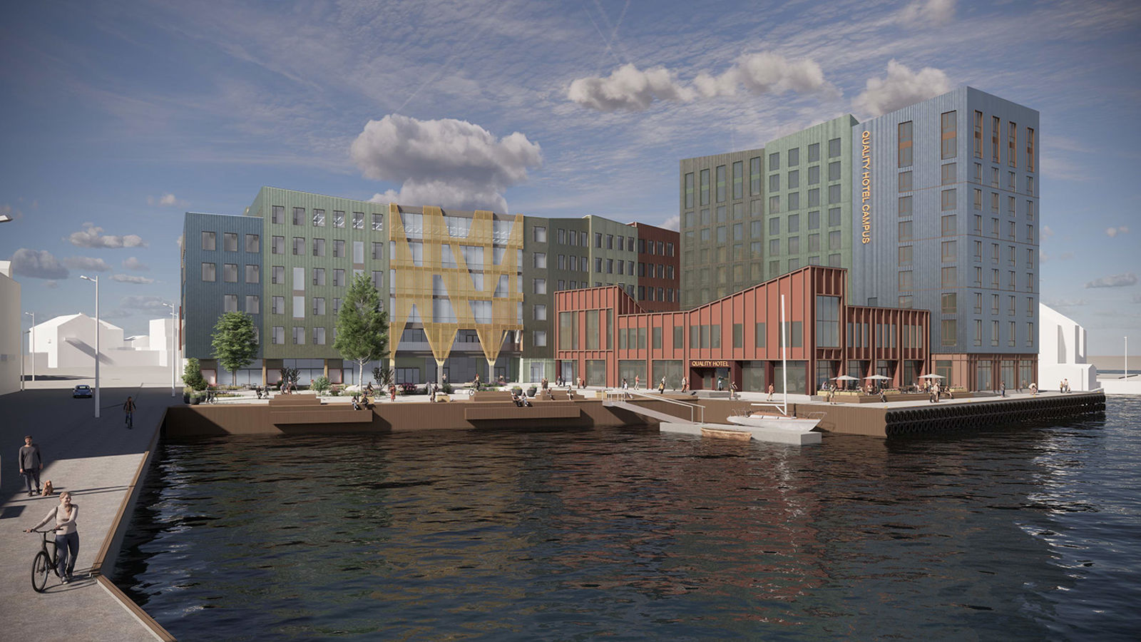 Illustrasjon av hotellbygget og torget, med vannspeilet i forgrunnen.