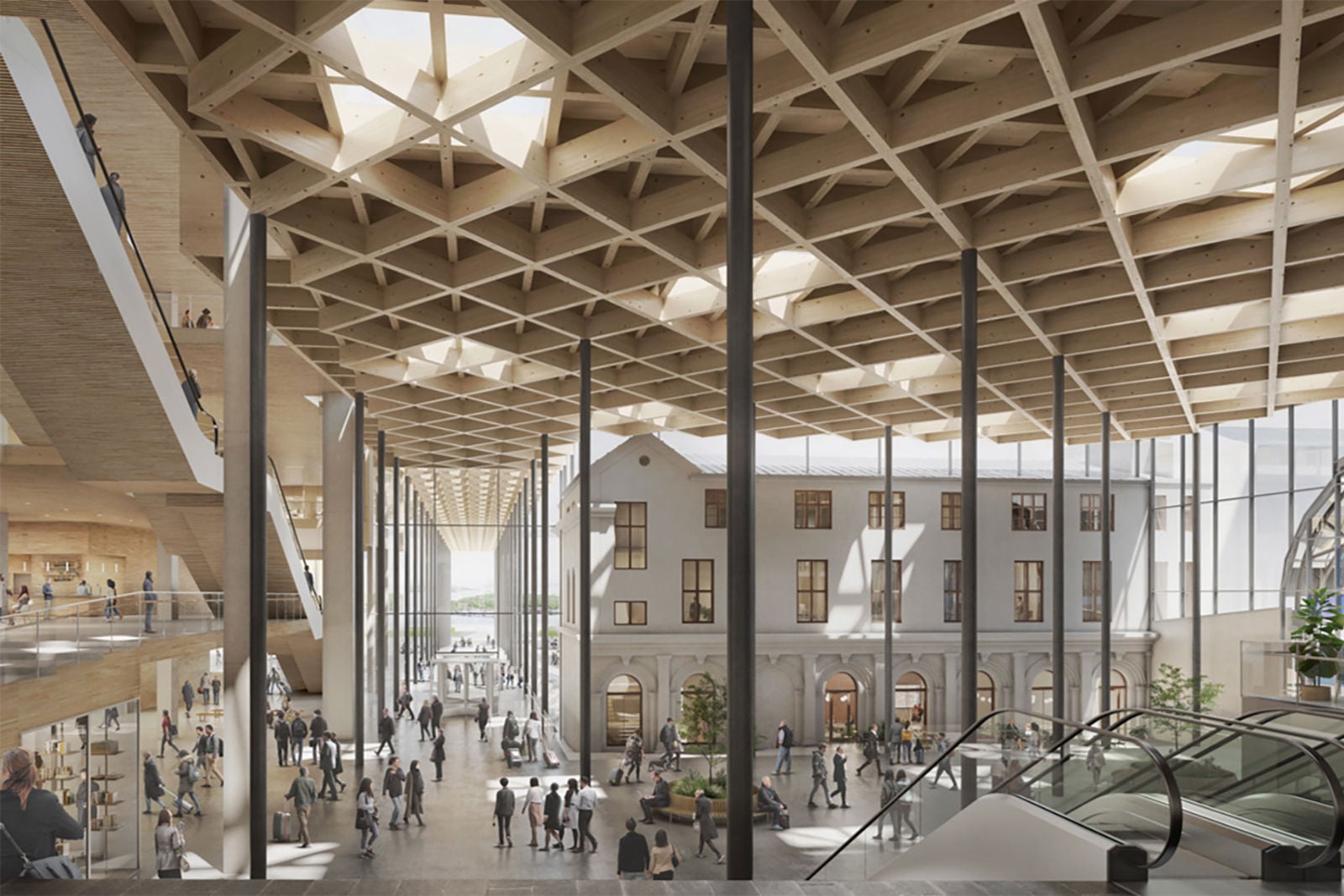Illustrasjon som viser det foreslåtte stasjonstorget med Østbanehallen i bakgrunnen.