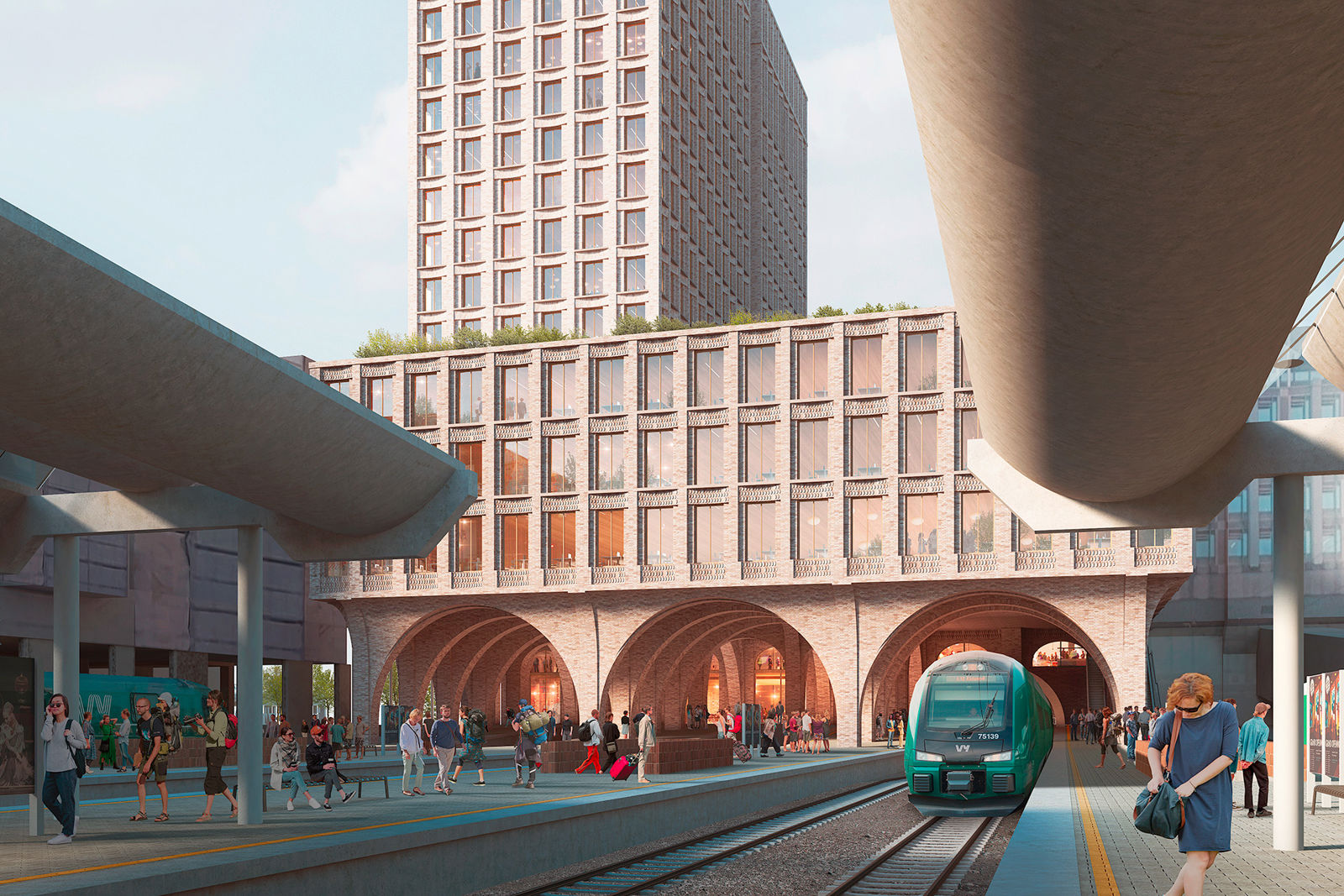 Illustrasjon av en oppgradert stasjonshall på Oslo S; med mer plass og universell utforming.