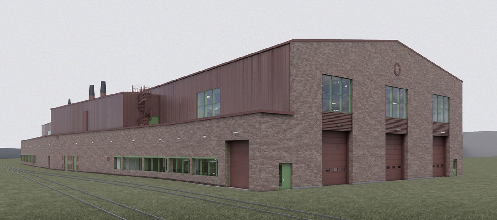 Illustrasjon som viser verkstedhallen med kjøreporter og høye vinduer.