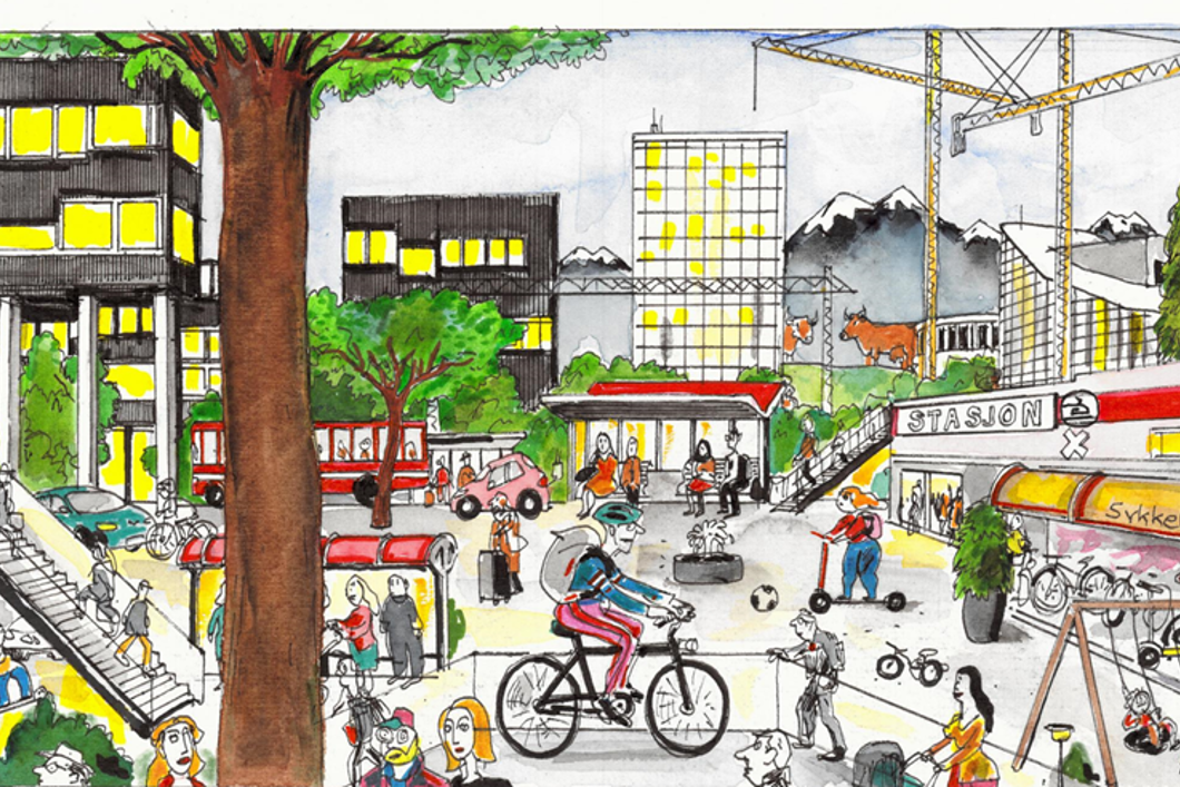 Illustrasjon med mange mennesker i et sentrum nær en stasjon