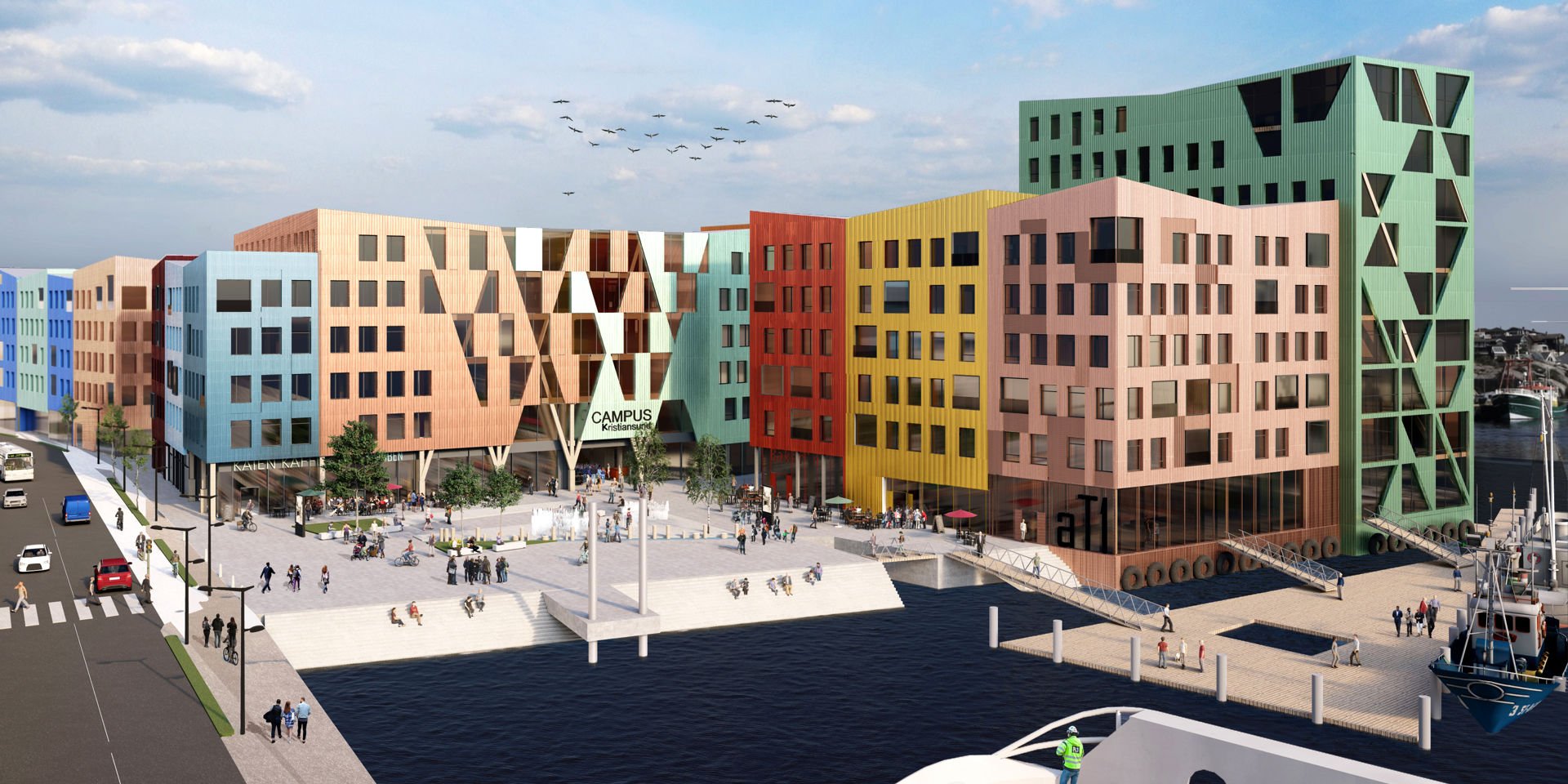 Illustrasjon av et fargerikt Campus Kristiansund ved havet og tett på busstasjon.