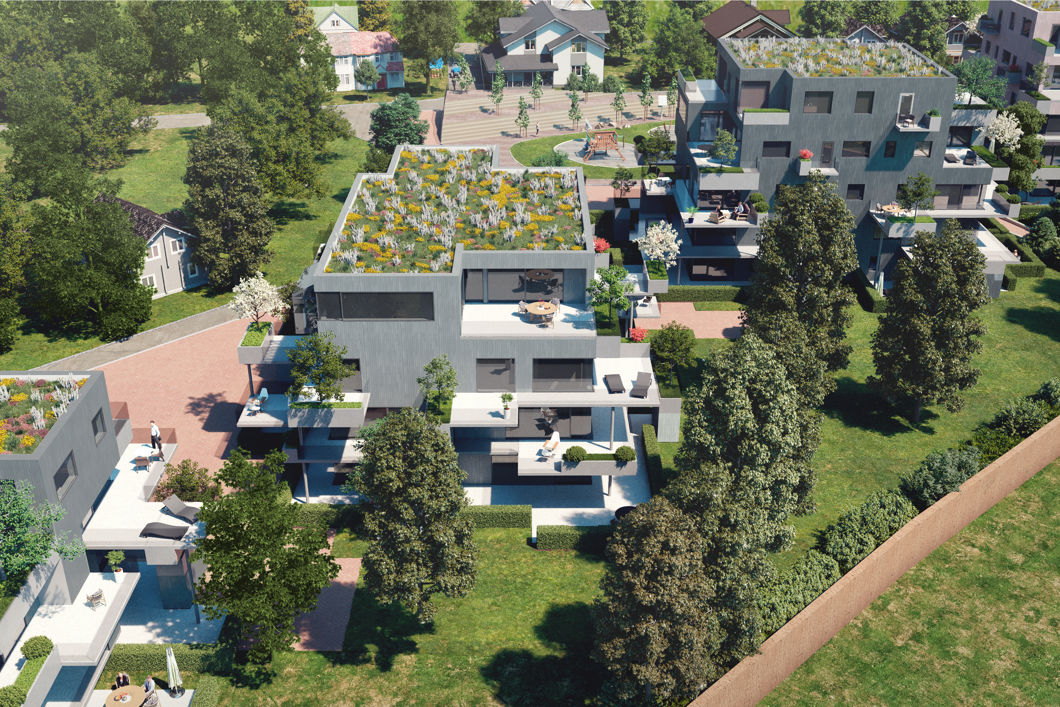 Oversiktsbilde av det nye boligområdet ved gamle Hinna stasjon. Grønne omgivelser.