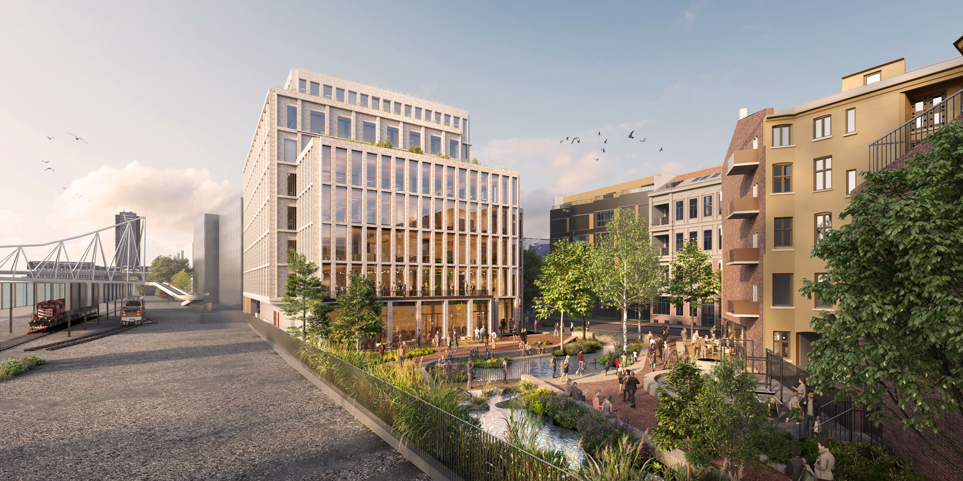 illustrasjon av et høyt bygg og park på gateplan
