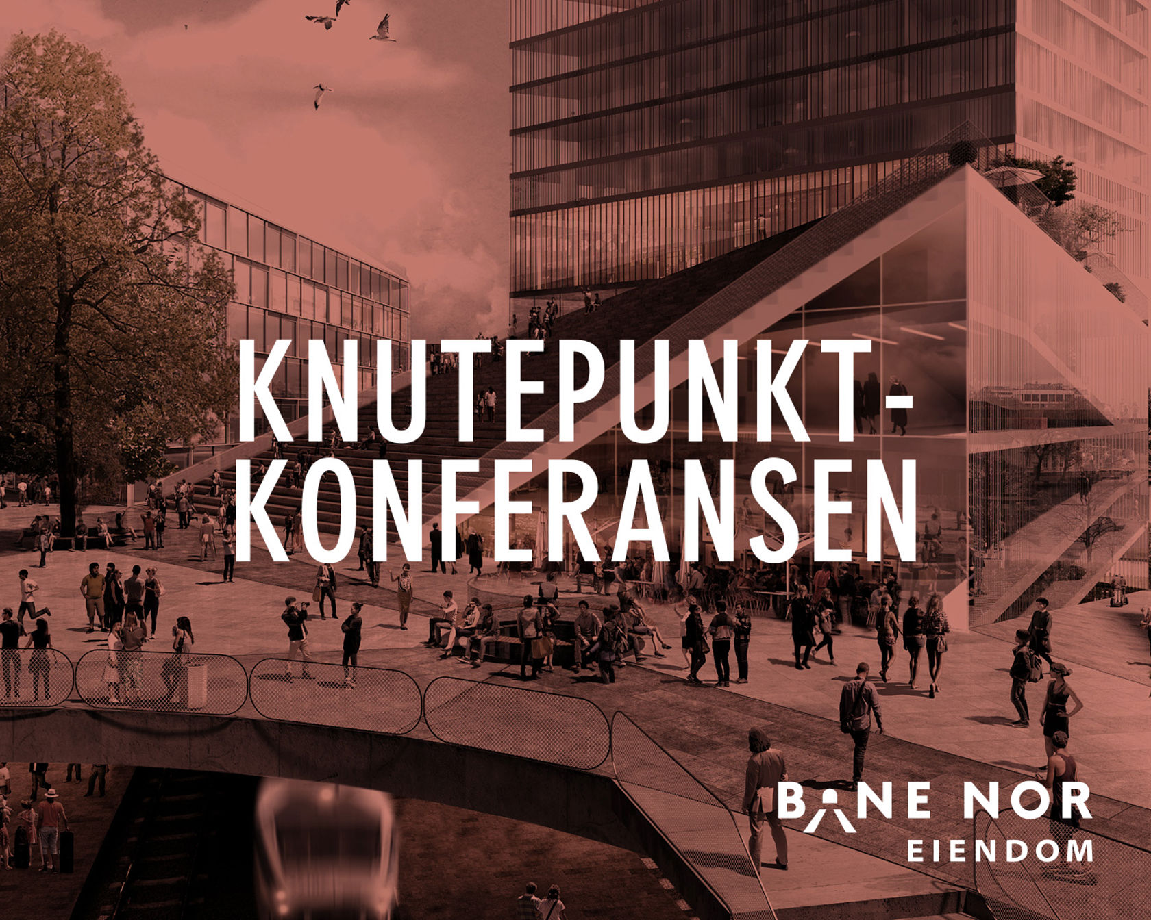 Rødt filter foran Stavanger stasjon, hvit tekst i forgrunn med "Knutepunktkonferansen"