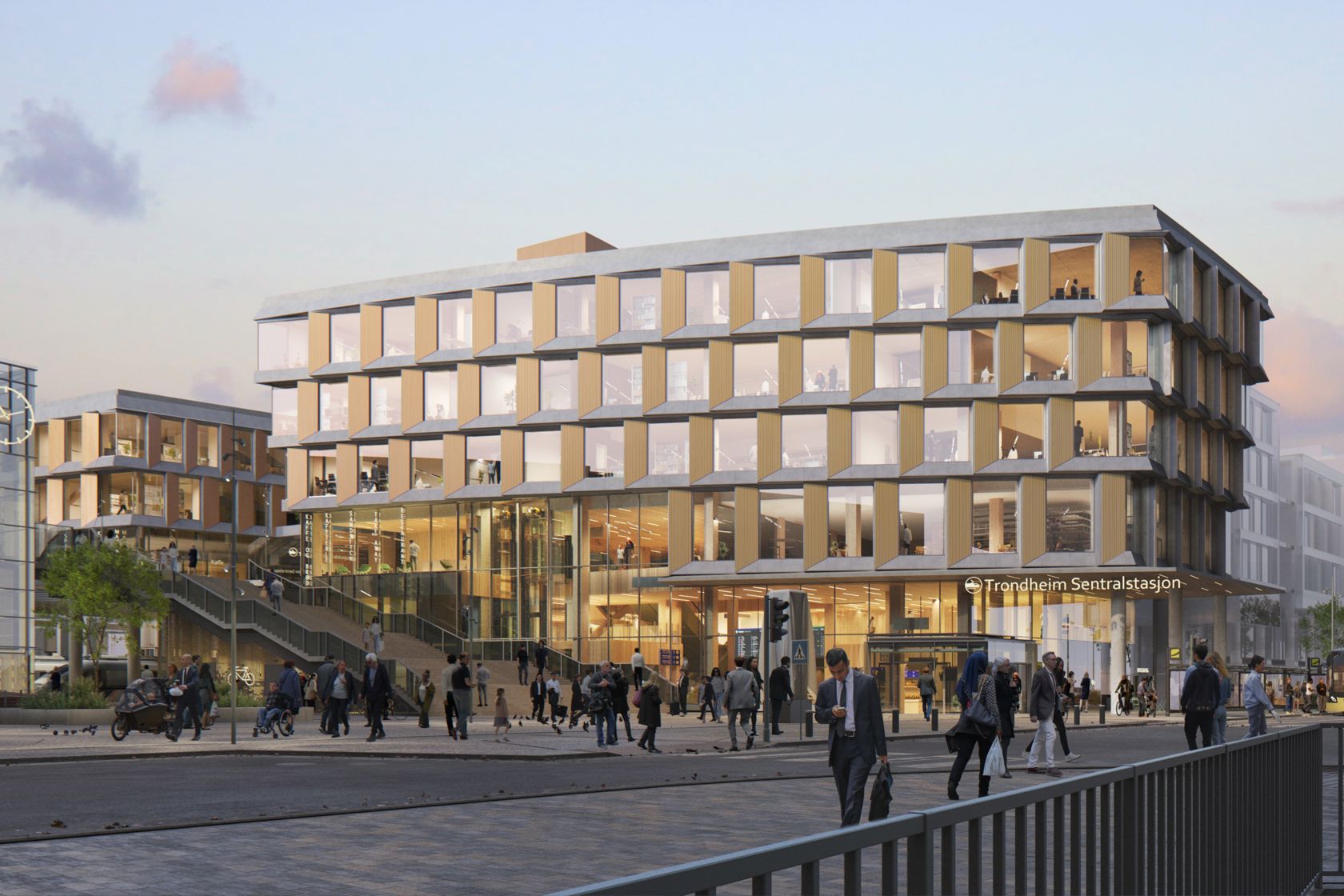 Illustrasjon av nye Trondheim sentralstasjon i bakgrunnen. Mennesker som beveger seg foran.