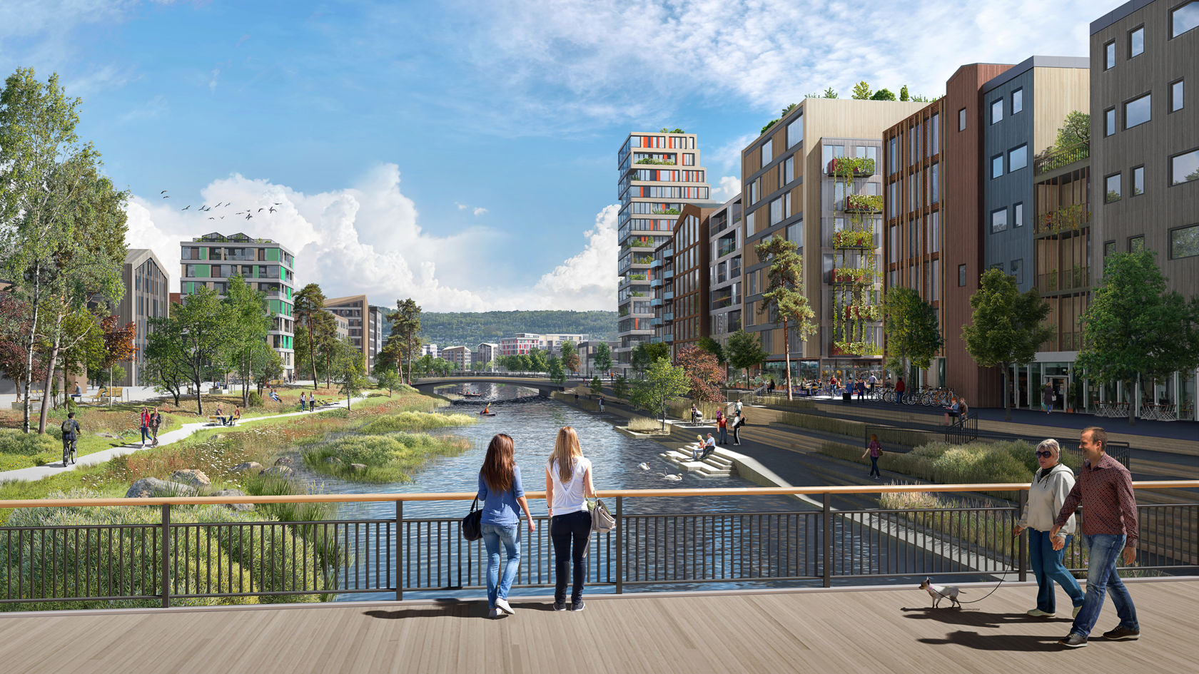 Arkitekturillustrasjon med hus, mennesker og vann.