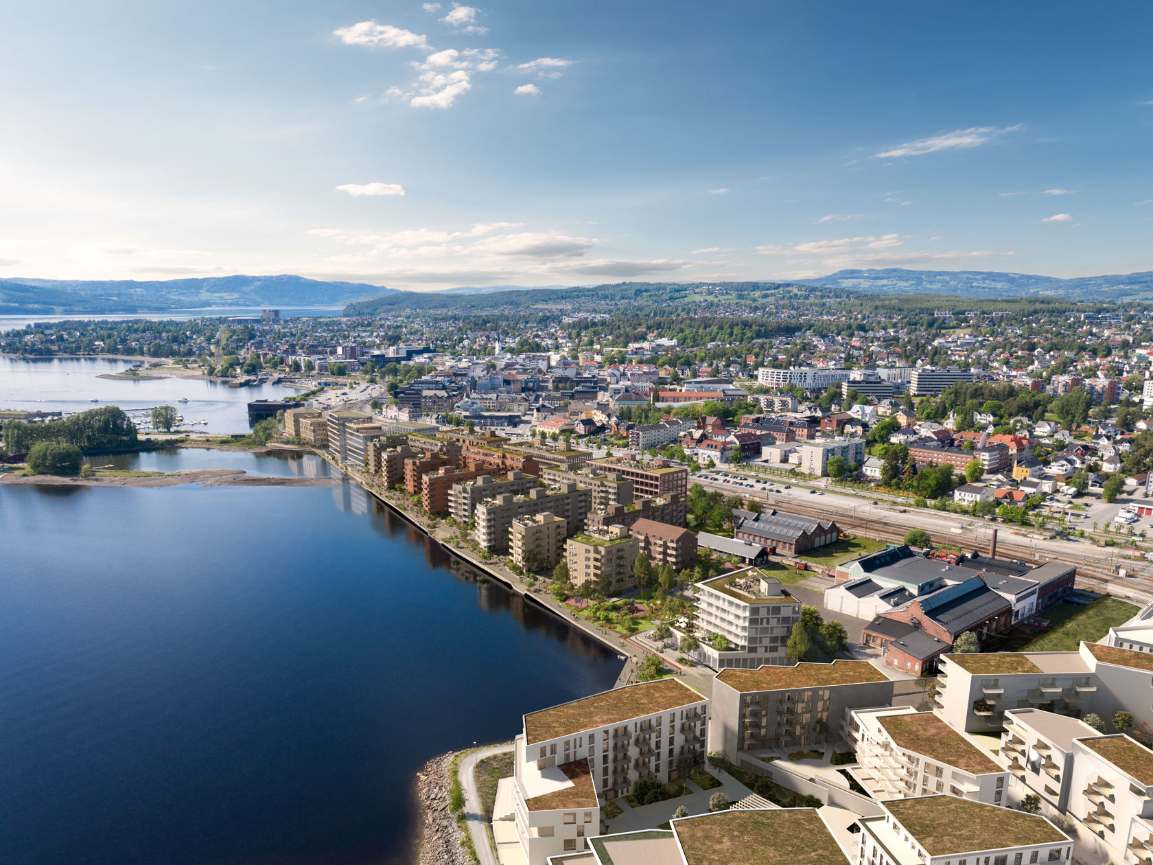 dronebilde med illustrasjoner av nye bygg ved sjøkanten av et Mjøsa