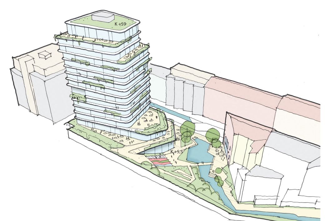illustrasjon av et høyt bygg og noe park på gateplan