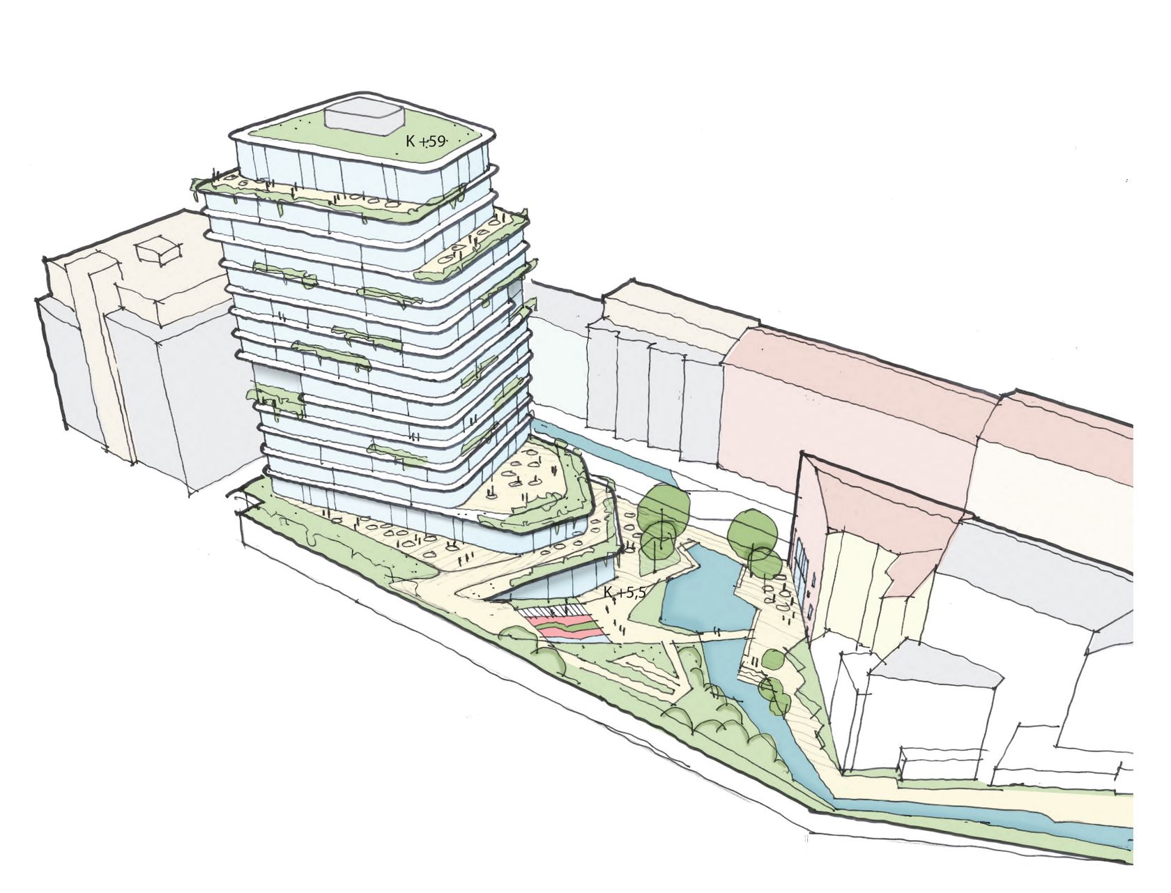 illustrasjon av et høyt bygg og noe park på gateplan