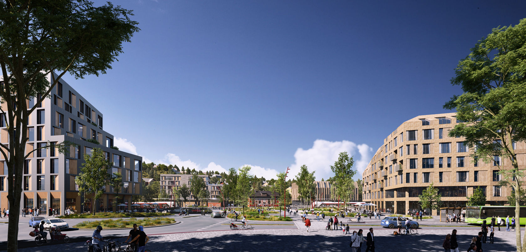 Illustrasjon av åpen plass med nye bygg rundt og en togstasjon bak