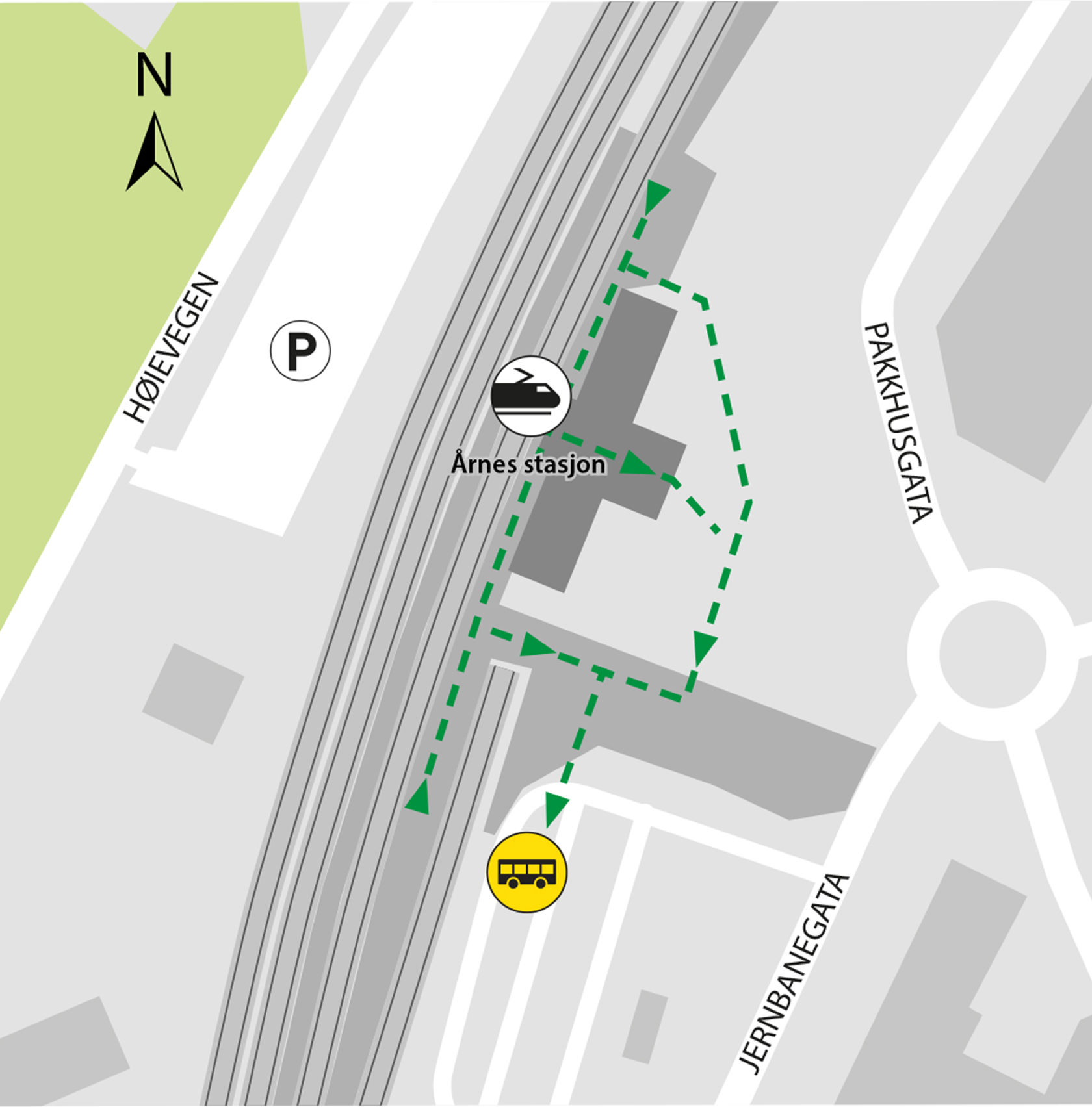 Kartet viser at bussene kjører fra bussholdeplassen Årnes stasjon, plattform 3.
