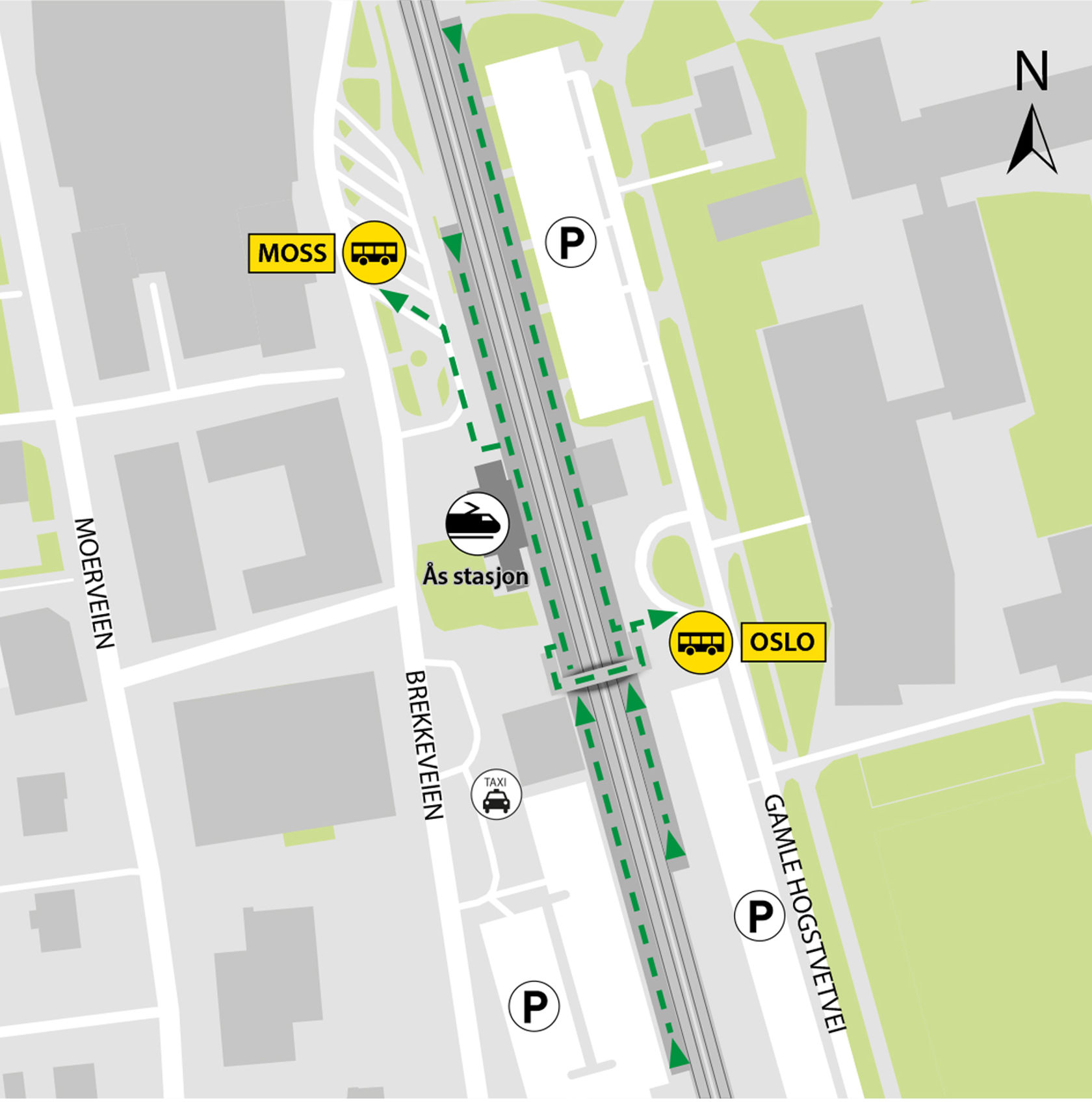 Kartet viser at bussene kjører fra bussholdeplassene Ås stasjon.