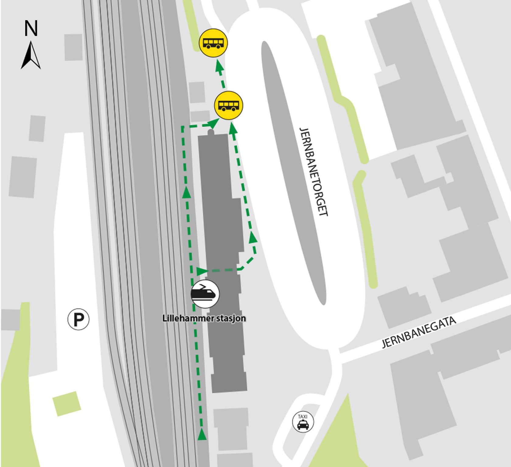 Kartet viser at bussene kjører fra bussholdeplassen Lillehammer skysstasjon